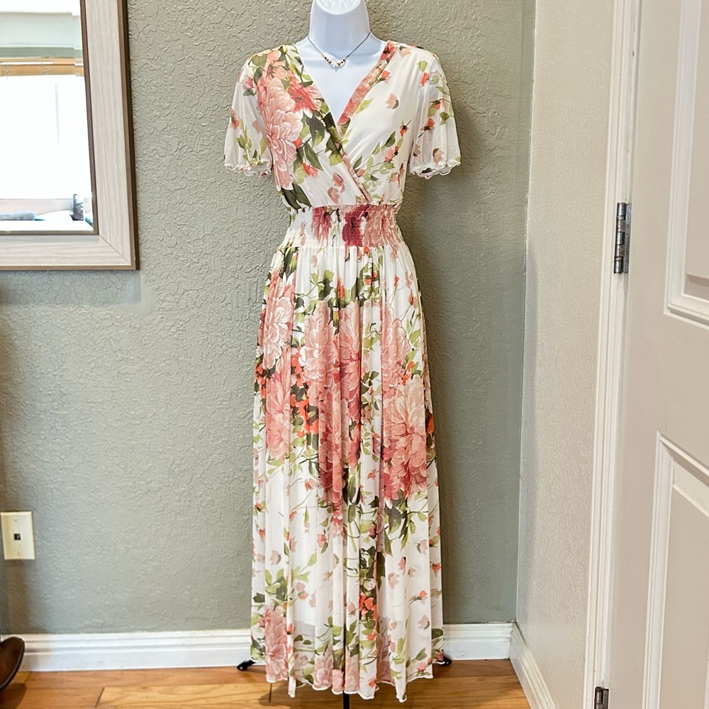 Floral Wrap Maxi Dress in Cream and Pink